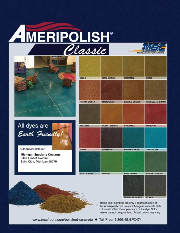 Ameripolish Dye Classic Color Chart MSC Floors Industrial Floor Coating Application