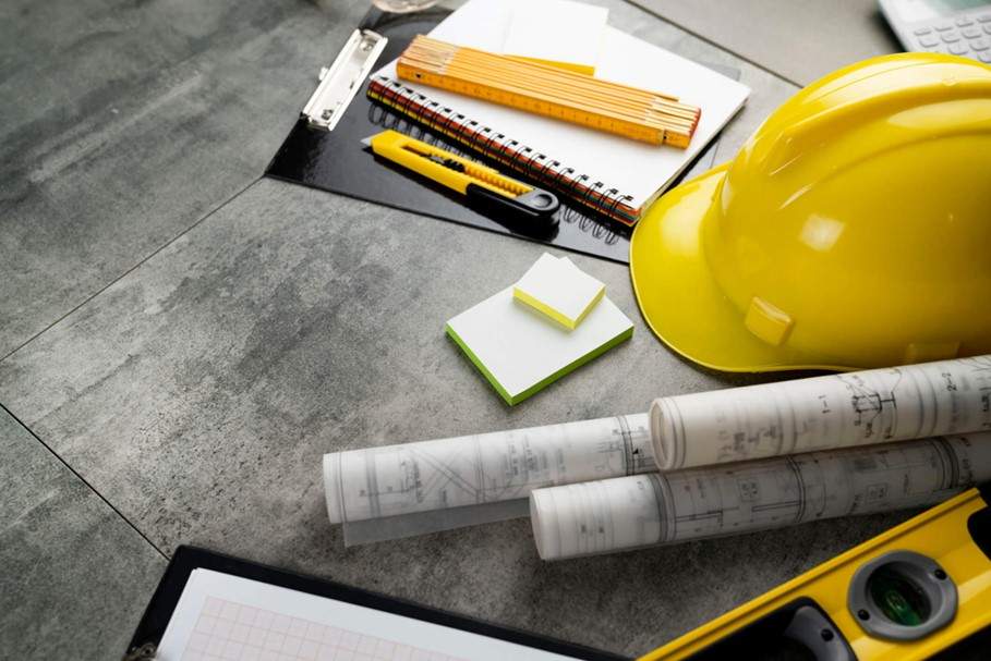 A Hard Hat and Various Construction Materials on a Desk in St. Clair, MI
