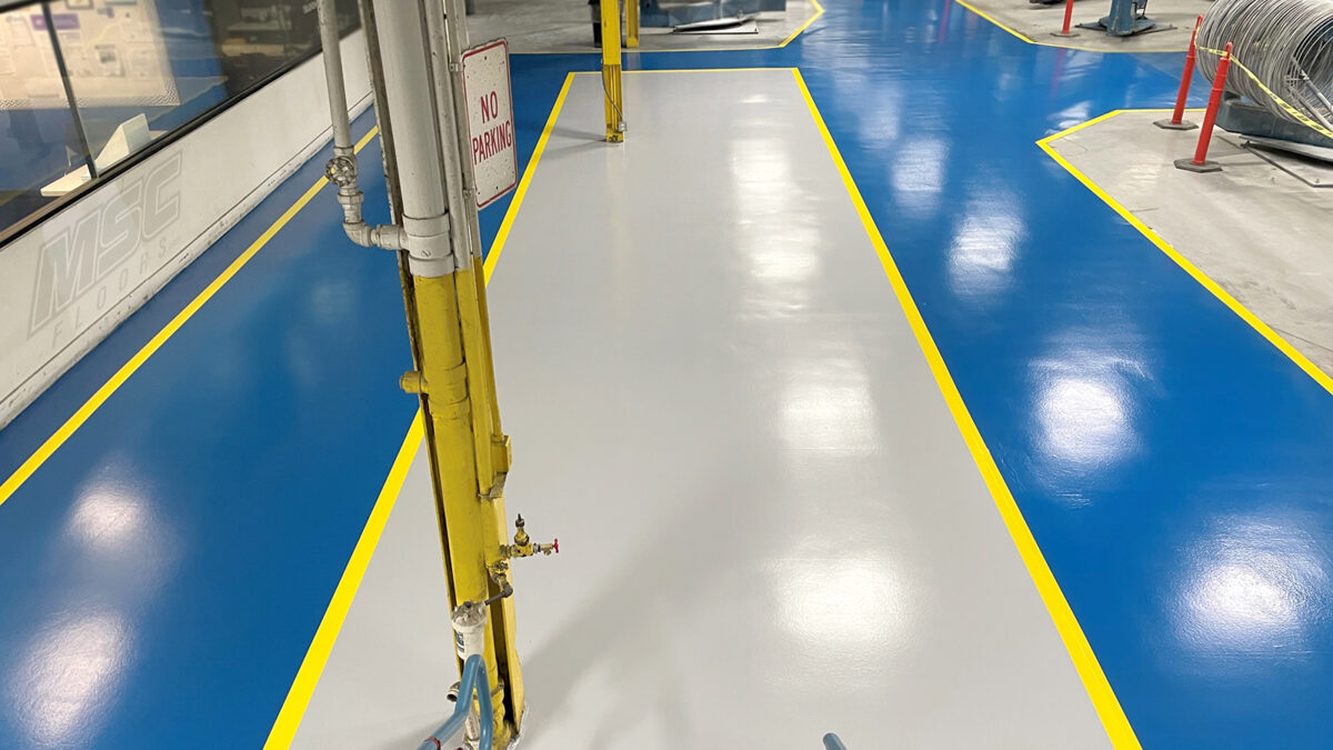 Safety Striping and Pedestrian Walkway Coatings on Steel-Filled Mortar Floor