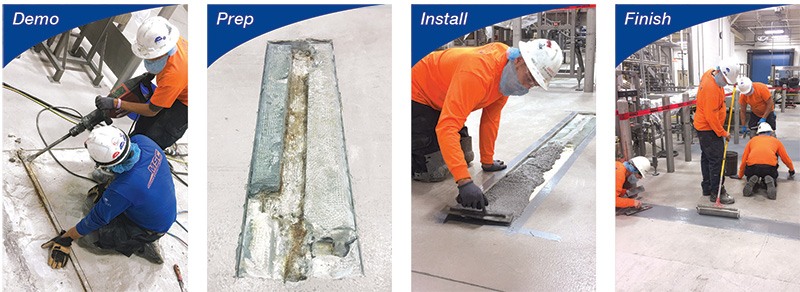Pictures illustrate workers providing concrete repair services in Michigan and Ohio.