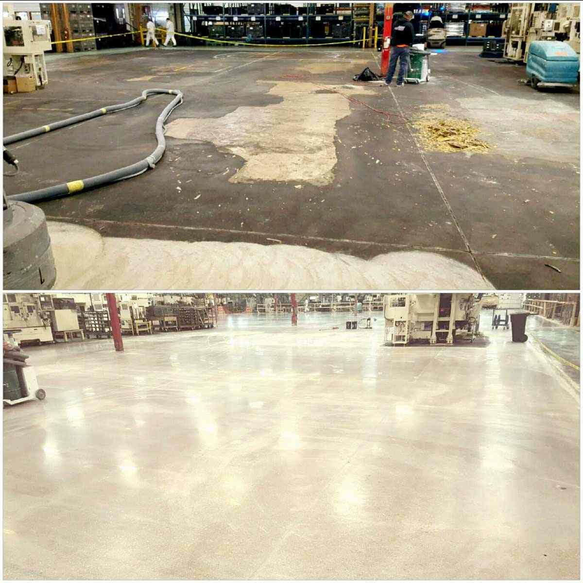 A before and after image of a warehouse during flooring service in Michigan and Ohio.