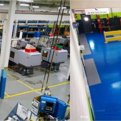 Two images of a factory, showcasing machines with floor striping, located in Saint Clair, MI