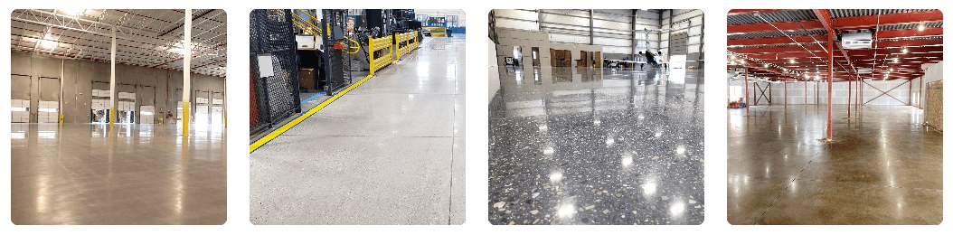 Superior Polished Concrete Flooring showcased in four warehouse images, located in Saint Clair, MI